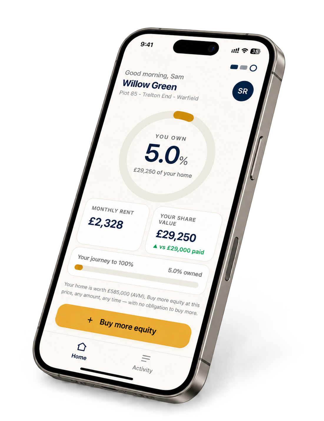 Buy By Phone app on an angled titanium iPhone, showing 5% ownership, monthly rent and the option to buy more equity